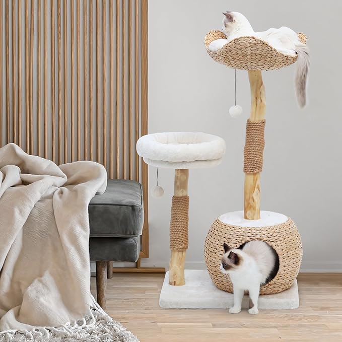 Modern Cat Tree Tower for Indoor Cats, Real Branch Luxury Cat Condo with Scratching Post, Jumping Platforms, Hanging Toy Ball for Multi-Cat Households