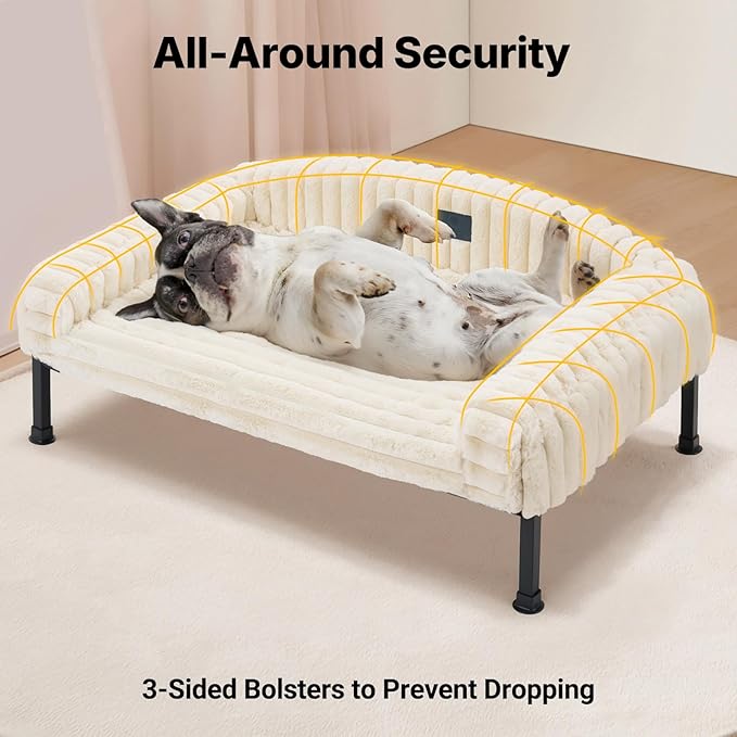 Veehoo Elevated Dog Bed with Bolster Cushion, Fluffy Plush Dog Couch Beds for Small Dogs, Cats, Washable Raised Pet Cot with Non-Slip Feet for Indoor or Patios Use, 24 x 18 Inches, White