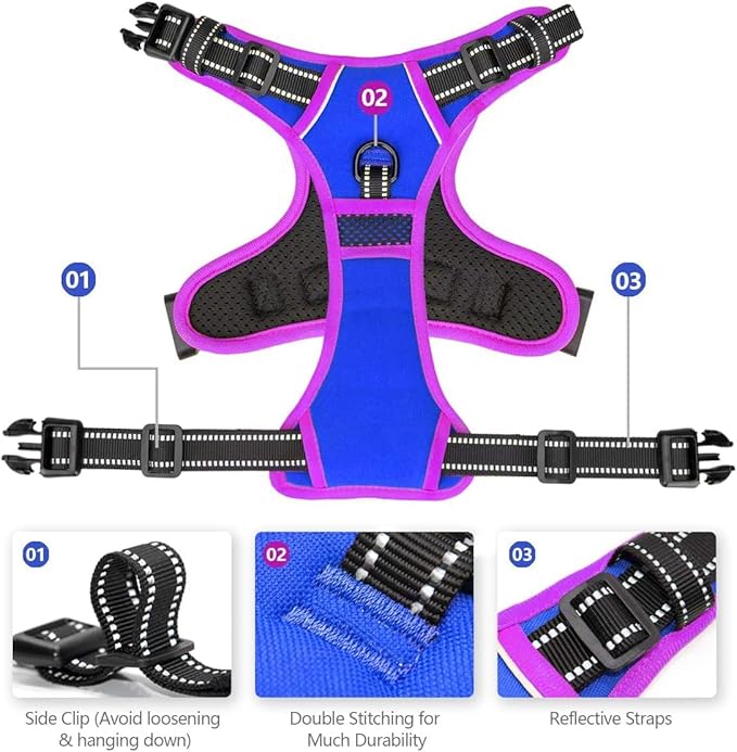 PHOEPET 2019 Upgraded No Pull Dog Harness, Reflective Adjustable Vest, with a Training Handle + 2 Metal Leash Hooks+ 3 Snap Buckles +4 Slide Buckles(S, Royal Blue)