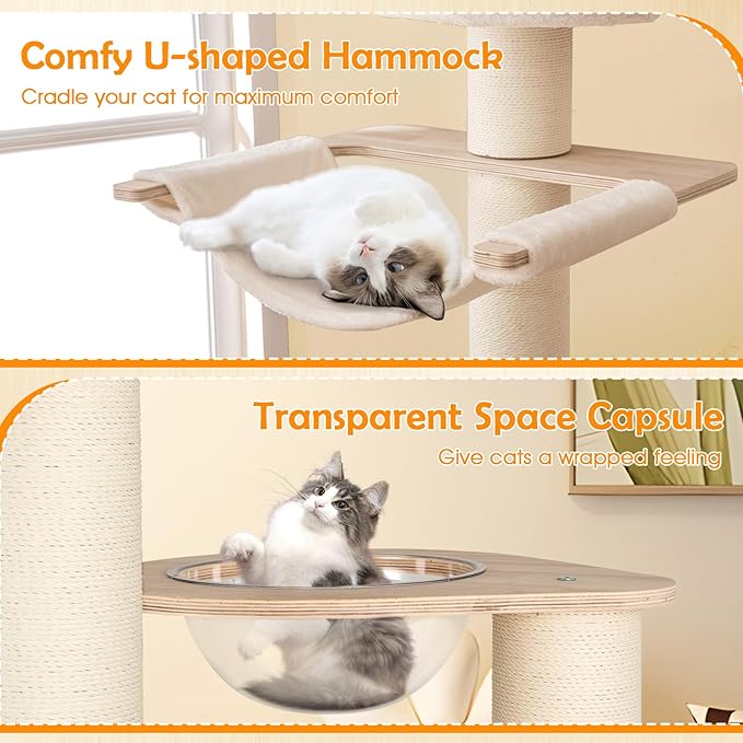 Tangkula 69” Tall Cat Tree, Multi-Layer Wood Cat Tower with Scratching Posts, Perch, Condo, Space Capsule, Hammock, Washable Cushions, Modern Cat Tree Tower for Indoor Cats Large Adult