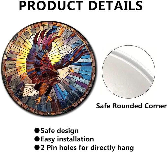 Lygond Metal Sign Tin Sign Circular Stained Glass Eagle Bathroom Decor For Club 12×12 Inches