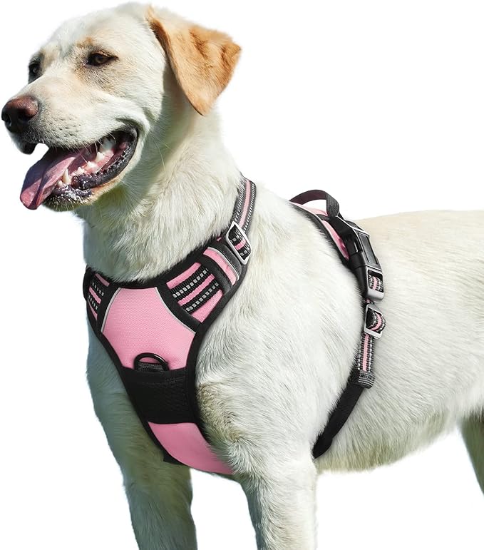 Eagloo Dog Harness for Large Dogs, No Pull Service Vest with Reflective Strips and Control Handle, Adjustable and Comfortable for Walking, No Choke Pet Harness with 2 Metal Rings, Pink, L