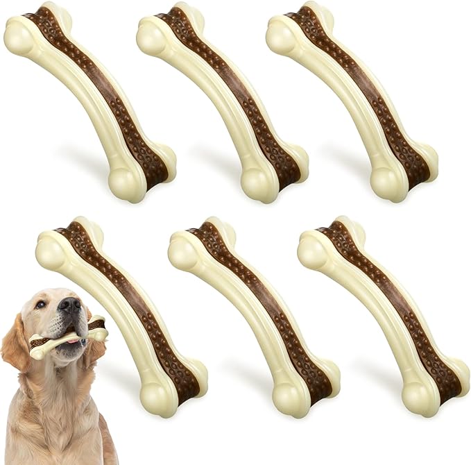 Sosation 6 Pcs Dog Toys for Aggressive Chewers Nylon Beef Flavor Bones Tough Puppy Teething Toys Puppy Chew Bones for Large Medium Small Breed Dogs Puppies Pets Chew Toys(Large)