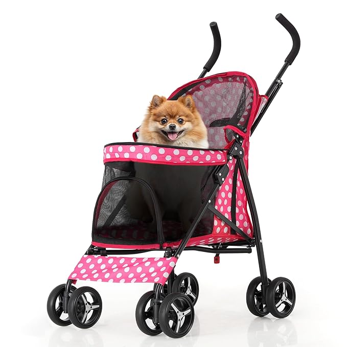 MoNiBloom 4 Wheels Pet Stroller, Easy-Fold Umbrella Shaped Dog Cat Jogger Stroller w/Storage Bag & Visible Mesh for Small/Medium Dogs Cats Hot Pink Polka Dots