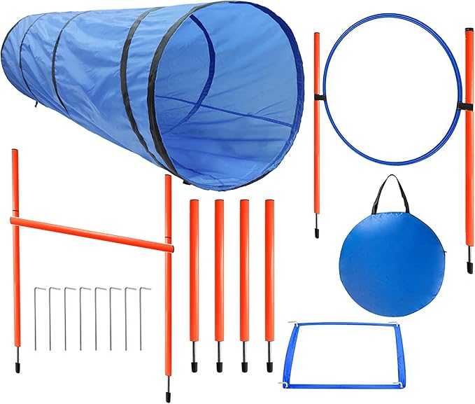 Dog Agility Training Equipment, Obstacle Agility Training Starter Kit for Doggie, Including Tunnel, 13 Weave Poles, Adjustable Hurdle, Jump Ring, Pause Box and Carrying Bag(Blue)