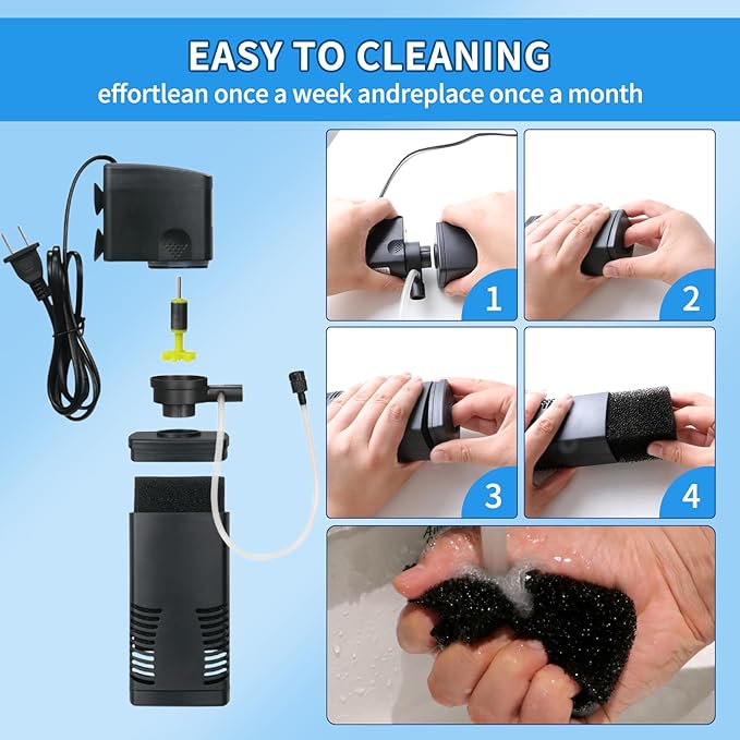 Fish Tank Filter for 15-40 Gallon Tank, 160 GPH Crystal Clear Powerful Internal Aquarium Filters Submersible Pump& Filter System for Fish Tank & Turtle Tank