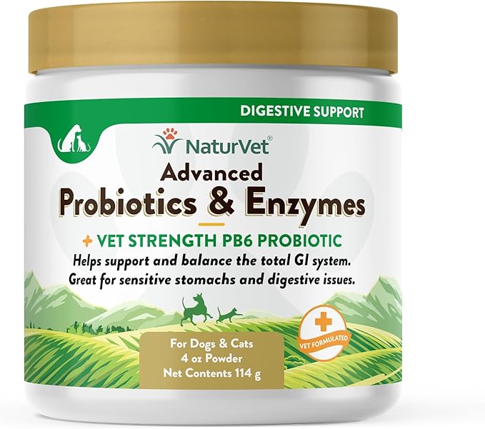 NaturVet – Advanced Probiotics & Enzymes - Plus Vet Strength PB6 Probiotic | Supports and Balances Pets with Sensitive Stomachs & Digestive Issues | for Dogs & Cats (4 oz)