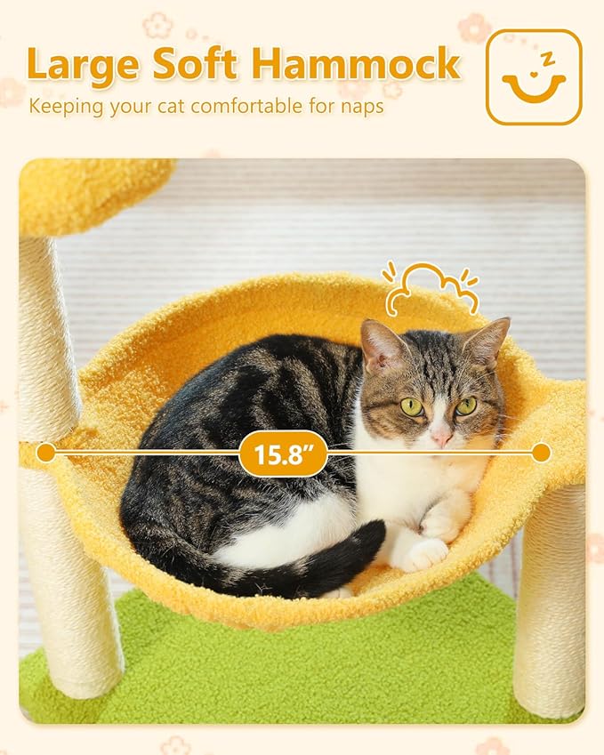 28" Flower Cat Tree Cute with Flower Top Perch, Large Hammock for Indoor Small Cats, Small Cat Tower with Cute Scratching Post and Fur Toy Ball for Kittens, Yellow