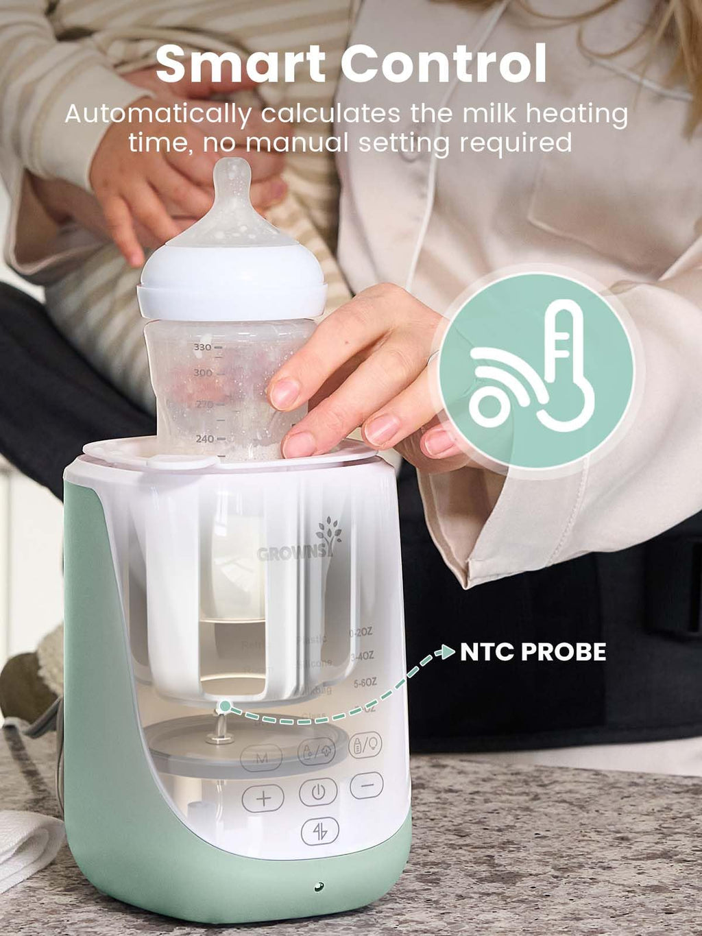 Grownsy Nutri Bottle Warmer with Innovative Auto-Lift Feature, Retain Fullest Nutrients Compact Baby Bottle Warmer, Fast & Even Heat, Always Right Temperature, Night Light for Nighttime Breastfeeding