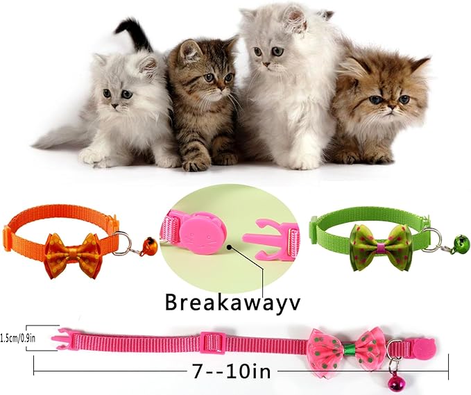 16 PCS Cute Cat Collars with Bells - Breakaway Collars for Girls & Small Kittens - Pink, Bowtie Design - Kitten Supplies