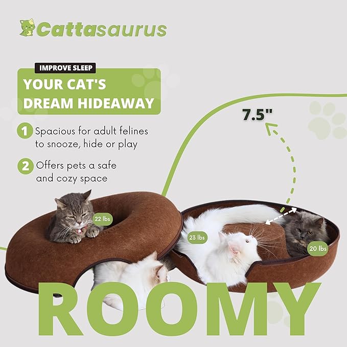 Cattasaurus Peekaboo Cat Cave for Multiple & Large Cats Up to 30-45 Lbs, Scratch Detachable & Washable Tunnel Bed, Comfy Donut Cat Cave (Brown, Large)