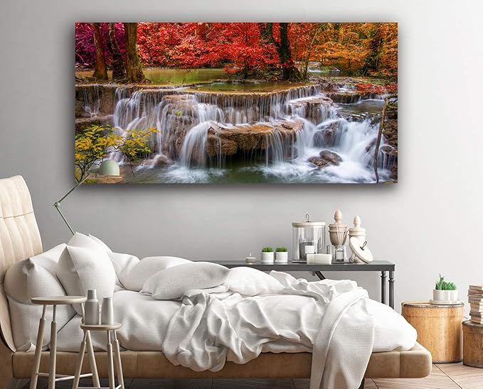 Yxbhhym Landscape Canvas Wall Art Waterfall Painting -Trees Forest Picture Prints-Fall Scenery Artwork Picture for Living Room Bedroom Home Office Wall Decor Framed -20x40inches