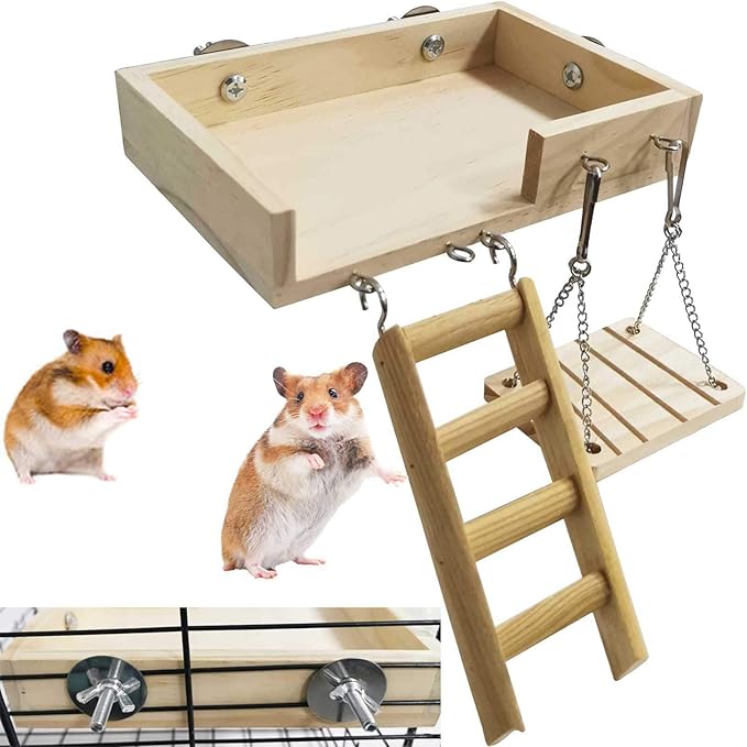 kathson Hamster Toy Set with Platform, Ladder, Swing - 5PCS Wooden Climbing Playground Accessories for Gerbils, Dwarf Hamsters, Rats, Chinchillas