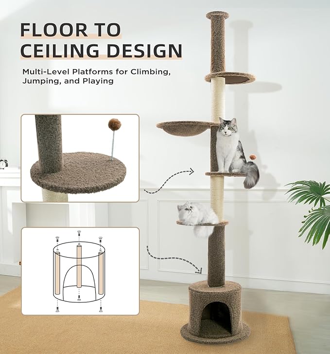 Made4Pets Floor to Ceiling Cat Tree 93-106'',Tall Cat Tower 5 Tiers, Adjustable Height, Stable Cat Tree Tower with Scratching Posts, Fluffy Condo, Hammock and Ball Toy for Indoor Cats/Kitten, Brown