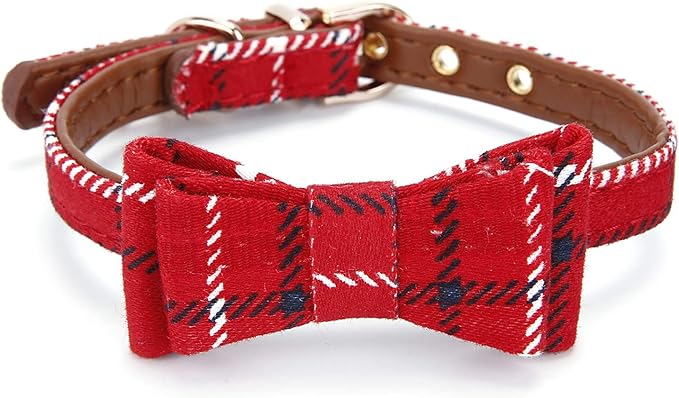 Puppy Collars for Small Dogs - StrawberryEC Adjustable Puppy Id Buckle Collar Leather. Cute Plaid Bandana Dog Collar (Bow-Red Grid)