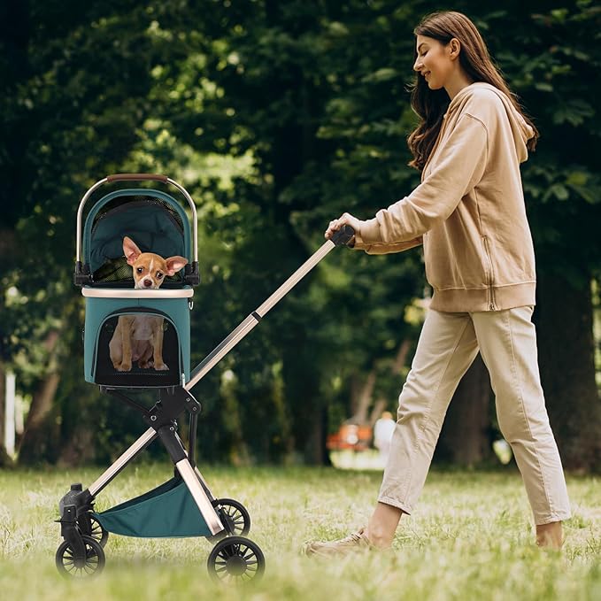 MoNiBloom 3 in 1 Pet Stroller with Adjustable Handle, Jogging Stroller w/Detachable Carrier & Lightweight Aluminum Frame for Dogs Cats, Hunter Green