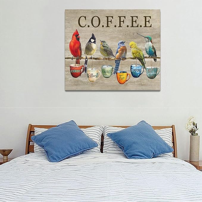Rustic Bird Coffee Wall Art Kitchen Christ Coffee Pictures Wall Decor Farmhouse Cardinal Hummingbird Canvas Print Painting Artwork for Coffee Bar Living Room Bedroom 20"x24"