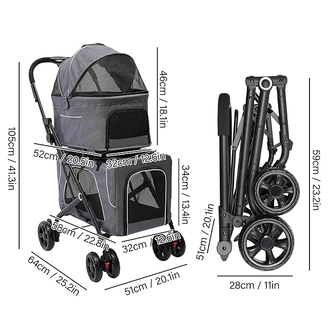 2 Tiers Pet Stroller,4 Wheel Dog Stroller Cat Strollers,3.07lbs Pet Gear Foldable Jogger Travel Cart,Grey Cat Carrying Cart with Storage Basket for Small Medium Pet (Grey)