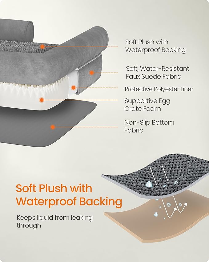 Feandrea Orthopedic Dog Bed, Large Dog Bed Waterproof, Removable Washable Cover Sofa with Non-Slip Bottom, Raised Edges, 36 x 28 x 8 Inches, Light Gray UPGW067G02