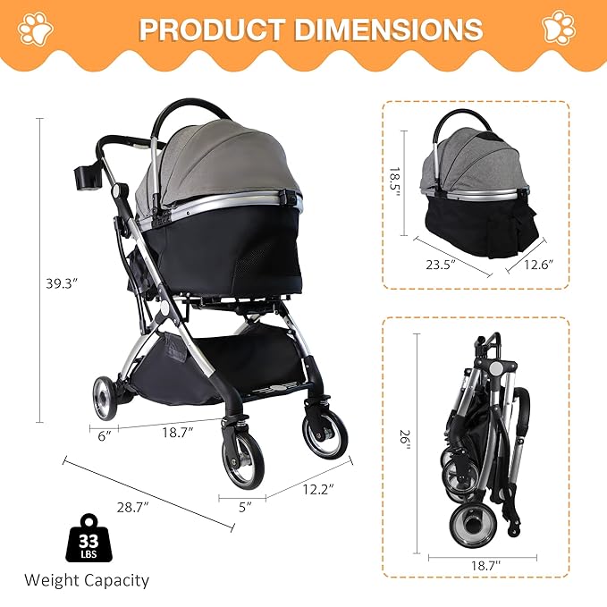 Dog Stroller for Small Medium Dogs, 3 in 1 Folding Pet Stroller Up to 33 lbs, 4 Wheels Pet Strolling Cart with Zipperless Entry, Cat Dog Travel Carrier with Telescopic Handle and Storage Basket