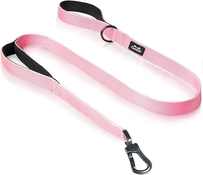 TwoEar 6FT 1IN Strong Pink Dog Leash with 2 Padded Handles, Traffic Handle Extra Control, Comfortable Soft Dual Handle, Auto Lock Hook, Reflective Walking Lead for Small Medium and Large Dogs