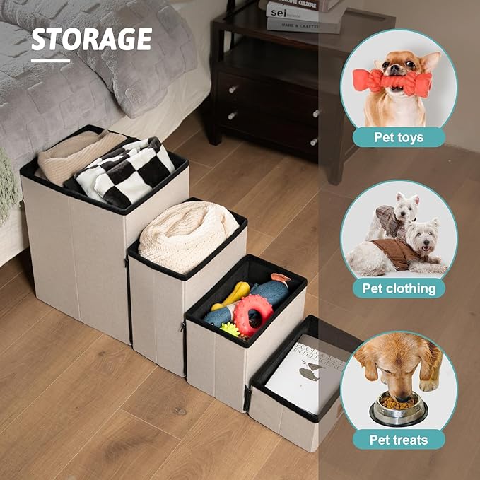 Dog Stair for Small Dogs with Storage, Foldable Pet Step with Soft Cover, Older Cat Ramp for Chair Couch Sofa, Lightweight, Durable, Comfort, 39.7x13x21.2 inch, 5 Tiers, Grey