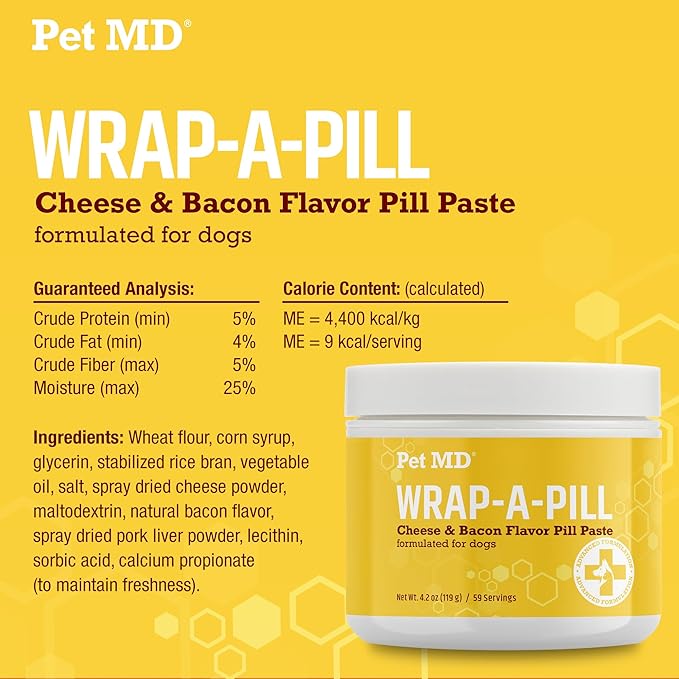 Pet MD Wrap A Pill Cheese & Bacon Flavor Pill Paste for Dogs - Make a Pocket or Pouch to Hide Pills & Medication 4.2 oz