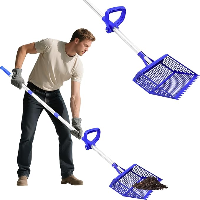 Chicken Poop Scooper Rake 2-in-1, Metal Shovel Head Chicken Coop Accessories, Adjustable 304 Stainless Steel Handle, Litter Scooper Sand Sifting for Chicken Coops Small Farm Animals(36" to 62")