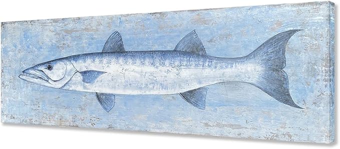 Yihui Arts Blue and White Fish Canvas Wall Art – Coastal Paintings with Textured for Living Room Bedroom Bathroom Decor