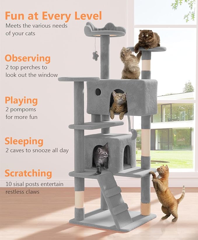60'' Cat tree Tower for Indoor Cats Large Adult,Cute/Tall Modern Cat Tree for Big Cats 20 lbs,Plush Multi-Level Cat Condo with Scratching Posts,Dangling Ball for fun play(Light Gray, 60 inch)