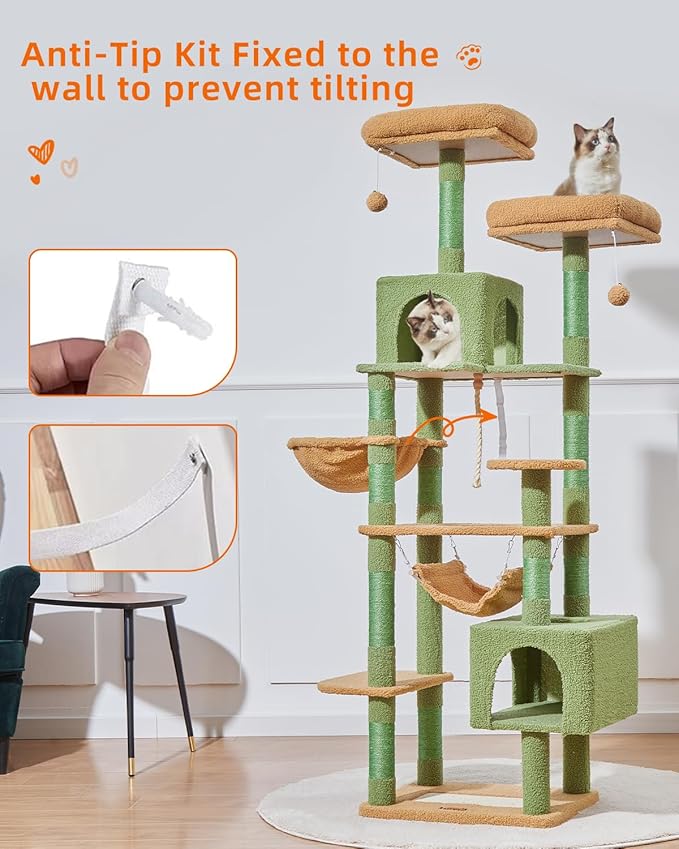 Taoqimiao Cat Tree, 71-Inch Cat Tree Cat Tower for Indoor Cats, Plush Multi-Level Cat Condo with 10 Scratching Posts, 2 Perches,Basket, 2 Caves,Hammock, 2 Pompoms,MS020T Cactus