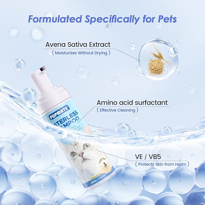 Waterless Cat Shampoo with Cat Brush - No Rinse Foam Dry Shampoo | Deep Cleansing Relieves Itchy Skin & Shedding | Gentle, pH-Balanced for Kittens Sensitive Skin | Specifically for Cat Bath | 7 oz*2