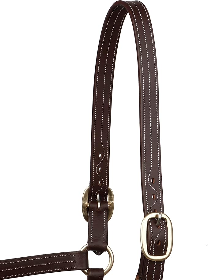 Triple Stitch Leather Horse Halter, Adjustable Design, Fancy Stitching, Solid Brass Hardware