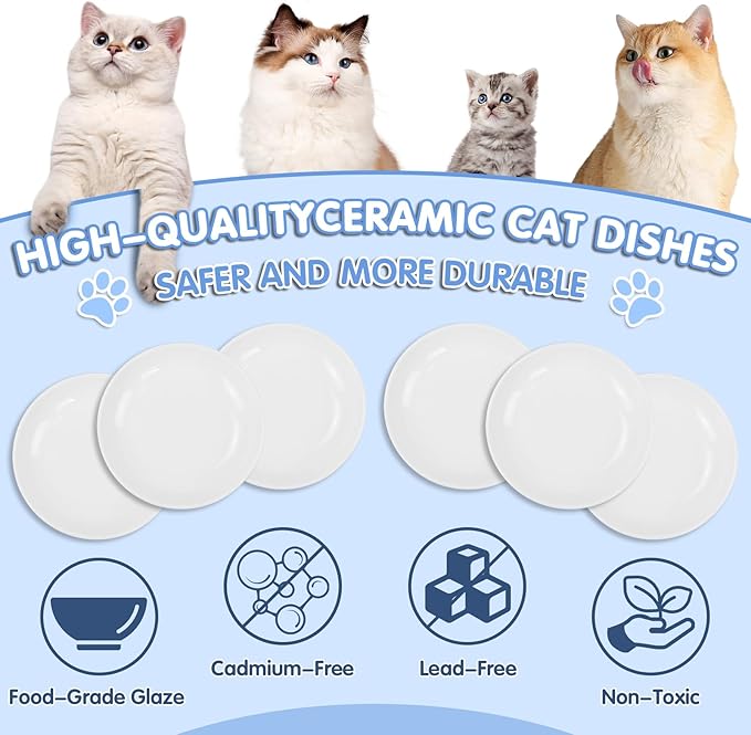 6 Pack Cat Food Bowl, Ceramic Cat Bowls, Anti Whisker Fatigue Cats Bowl,5.5 Inches Shallow Wide Kitten Plates for Food and Water (White)