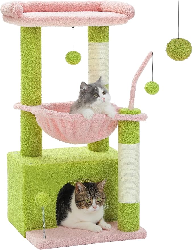 PEQULTI 4-in-1 Multi-Level Cat Tower, 33'' Pink Cat Tree for Indoor Cats with Large Condo, Scratching Post for Cats with Deep Hammock& Cozy Top Perch