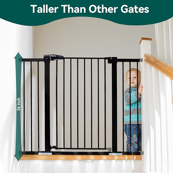 BABELIO 36" Tall Baby Gate, 29-48" Auto-Close & Pressure Mounted, Black Steel Dog Gate for Stairs & Doorways