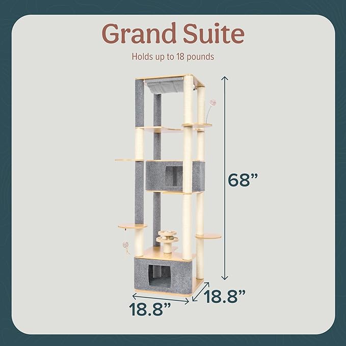 Ascentials - Grand Suite Cat Scratcher Playground - Tall Cat Tower Playground Structure, Sisal Scratching Areas, Grey Felt, Bamboo Veneer w/Linen & Velvet Surface Areas