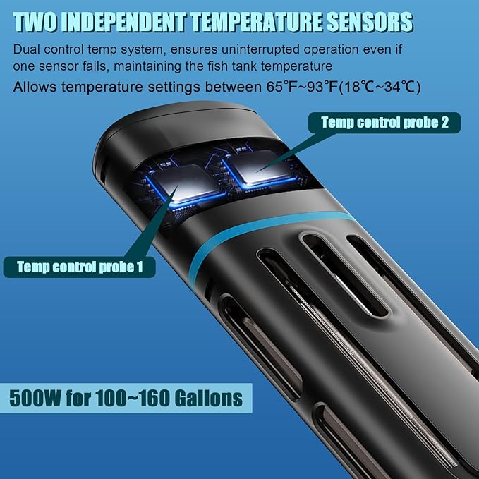 Electronic Aquarium Heater, 500W Small Fish Tank Heater, Adjustable Submersible Heater PID Temperature Control with LED Digital, Water Dry Automatic Shut Off for Fresh Seawater