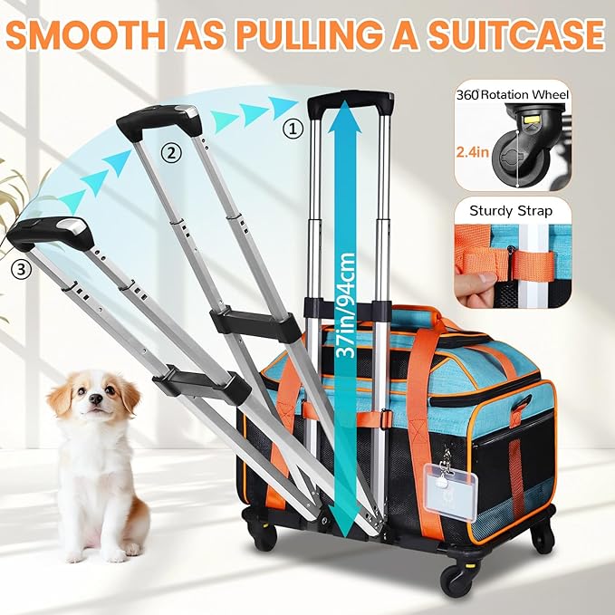 Petskd Top-Expandable Pet Carrier with Wheels 19x13x9 Inches Southwest Allegiant Airlines Approved, Soft-Sided Carrier for Small Dog Under 12 lbs and Large Cat Under 15 lbs(Blue)