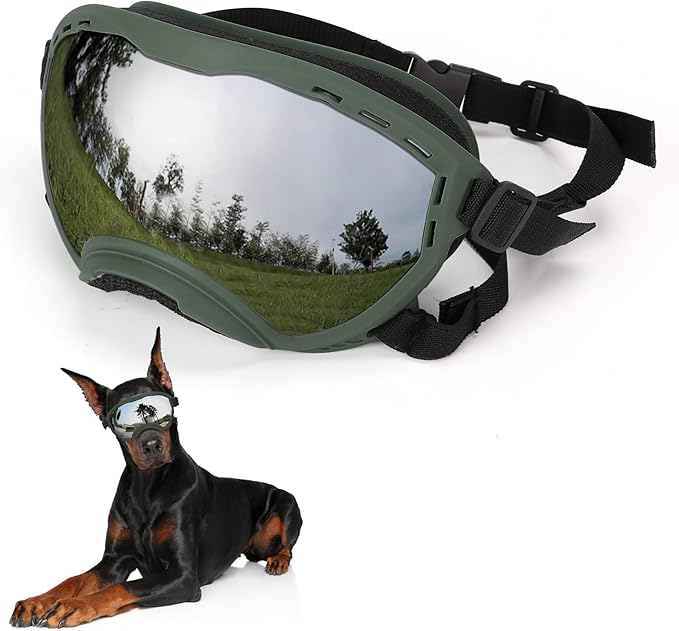 Dog Goggles for Large Dogs, UV Wind Dust Fog Protection, Soft Frame Adjustable Dog Sunglasses, Summer Driving & Winter Snow Eyewear, Tactical Pet Glasses with Elastic Strap (Green)