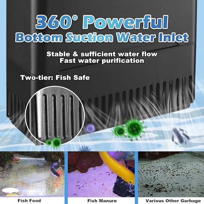 290GPH Turtle Tank Filter for 40-85 Gallon, Turtle Filter Low Water Level Available and Flow Adjustable, Turtle Water Filter for Shrimps Amphibians Turtle Tank Saltwater Freshwater Crystal Clear