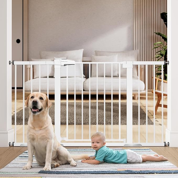 BABELIO 29-55 Inch Extra Wide Baby/Dog Gate, Metal Auto Close, Pressure Mounted Pet Door for Doorways, NO Need Tools and Drilling, with Wall Cups, White