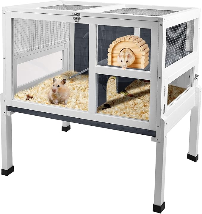 2-Story Guinea Pig Cage with Stand, Indoor Wooden Hamster Cage with Ramp, Pull-Out Tray, Hideout & Platform, Acrylic Transparent Small Animal Habitat for Chinchillas, Ferrets, Hedgehogs,Grey