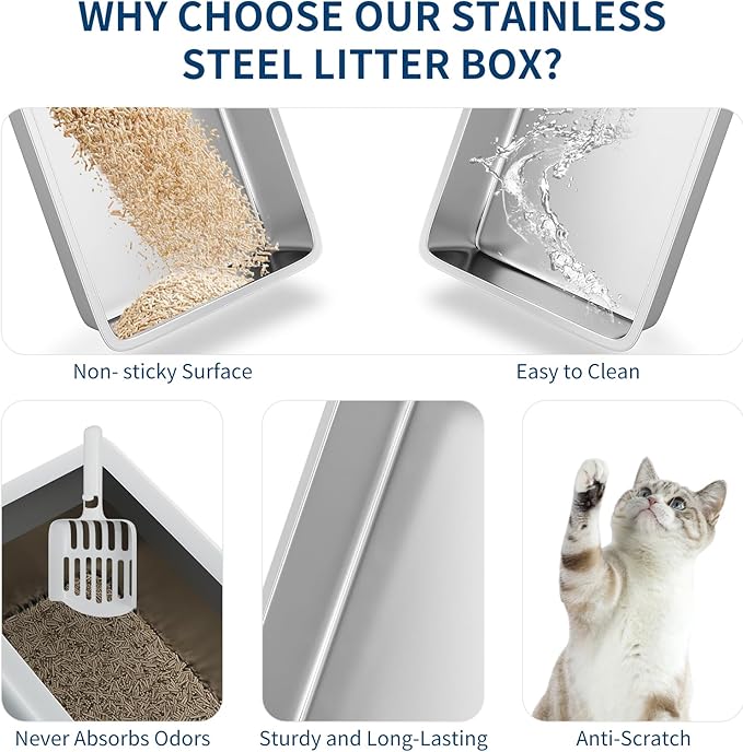 Stainless Steel Cat Litter Box 8 inch, XXL Large Cat Litter Tray with High Side, Platform Step and Scoop for Big Cats Multiple Cats, Easy Clean