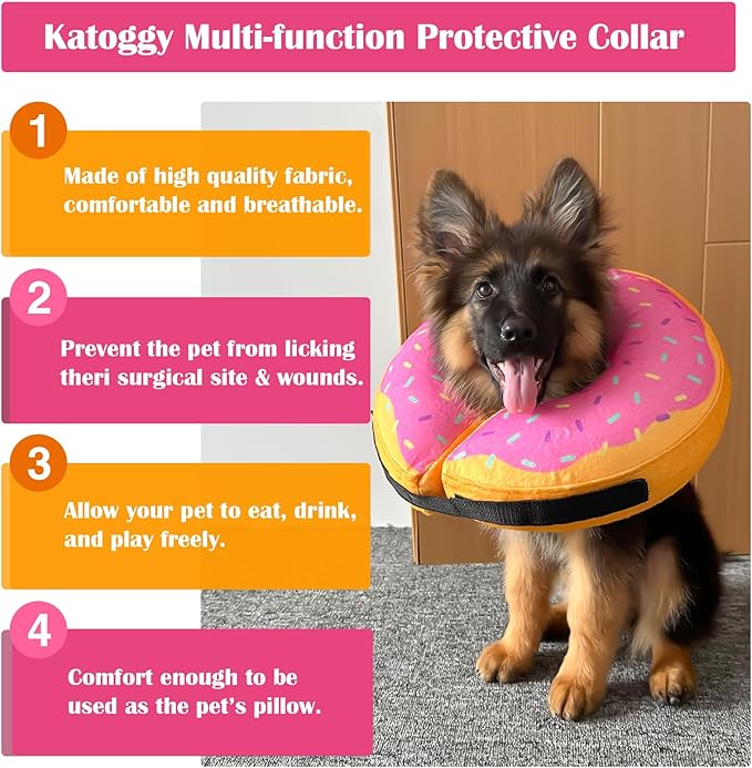 Katoggy Inflatable Dog Cone Collar for Dogs After Surgery, Soft Adjustable Blow up Donut E-Collar for Small Medium Large Dogs and Cats
