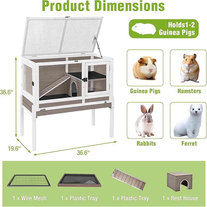 GUTINNEEN Indoor Rabbit Hutch Guinea Pig Cages with Chew-Proof Ramp, 2-Story Wooden Bunny House with Pull-Out Tray & Leakproof PVC Layer, Small Animal Cage with Detachable Legs