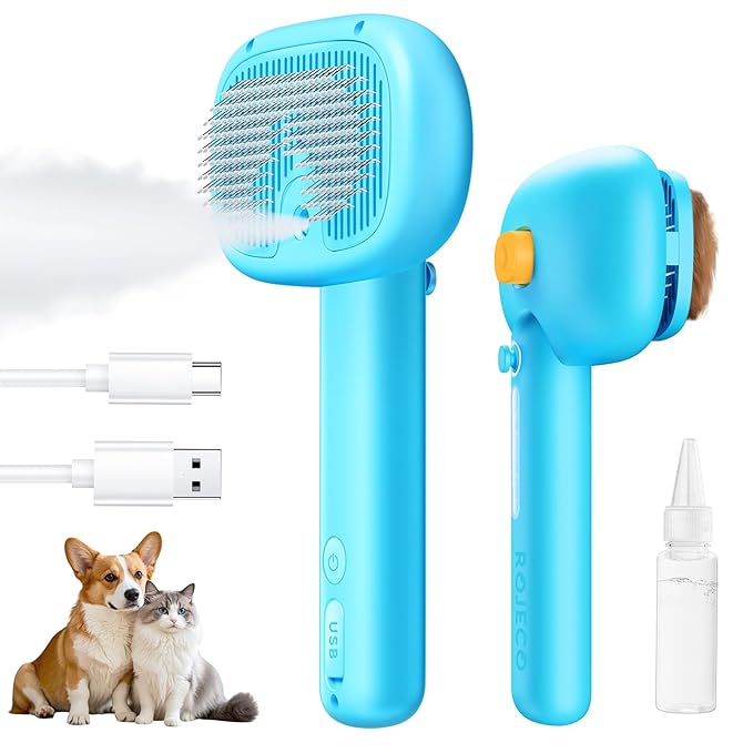 ROJECO 3-in-1 Pet Steam Brush for Cats&Dogs - Detangling Comb with Adjustable Mist, Handheld Deshedding Grooming Tool for Long/Short Hair, Massage Brush & Shedding Control Gift,Cordless (Blue)