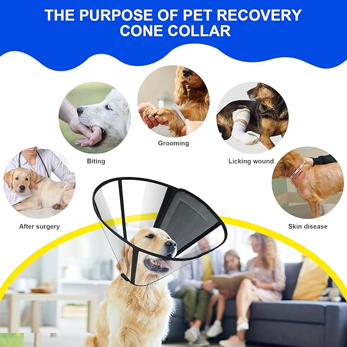 Lainergie Adjustable Soft Dog Cone Collar for After Surgery Recovery, Comfortable Pet Recovery Protective Collar for Medium Large Dogs, Elizabethan Dog Neck Collar (S, Black)