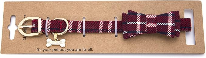 Puppy Collars for Small Dogs - StrawberryEC Adjustable Puppy Id Buckle Collar Leather. Cute Plaid Red Bowtie Dog Collar (Bow-Red)