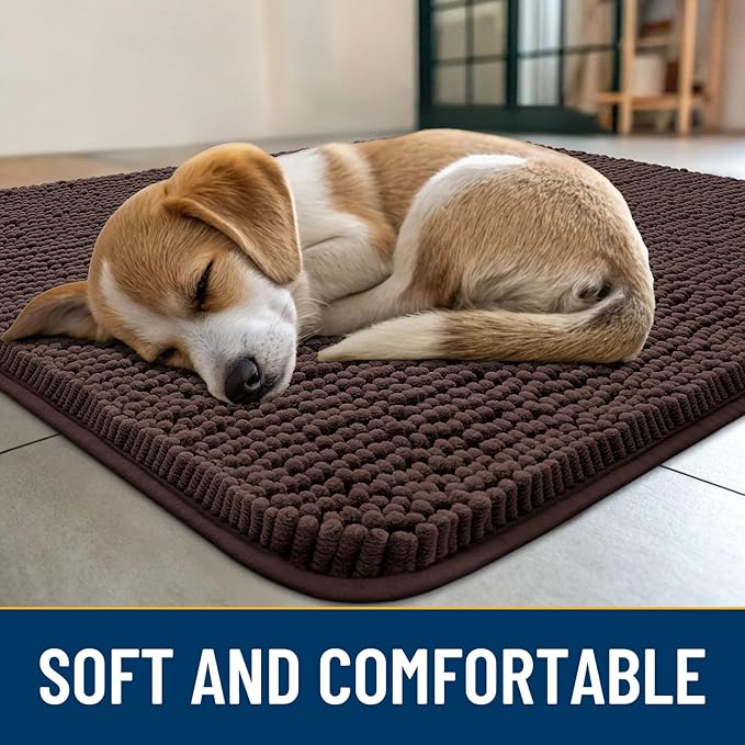 Smiry Dog Door Mat for Muddy Paws 48x30, Absorbs Moisture and Dirt Doormat, Non-Slip Washable Quick Dry Chenille Front Door Mat Indoor Entrance, Entryway Carpet for Inside Floor, Brown